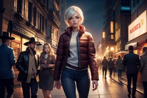  masterpiece,best quality, highly detailed, weiss schnee,1girl,solo,scar across eye,  cowboy shot, walking with female companion in cityscape, crowd, (volumetric lighting), intricate details, tonemapping, sharp focus, hyper detailed poakl, 