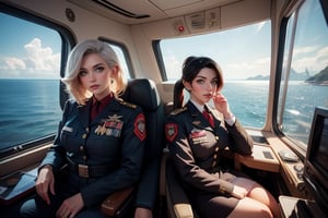 masterpiece,best quality, highly detailed, ruby_rose, looking_at_viewer, ((cowboy shot)), wearing military uniform, sitting, with white haired female military officer, officer with long white ponytail, in private jet above the sea,  other military officers on jet, poakl