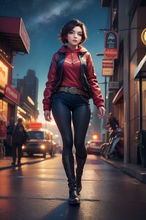 masterpiece,best quality, highly detailed, ruby_rose,1girl,solo,looking_at_viewer, cowboy shot, walking, in futuristic city street, night, stars, poakl