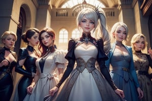 masterpiece,best quality, highly detailed, weiss schnee, looking at viewer, scar across eye, long white hair, side ponytail, smile, cowboy shot, (she is standing inside townhall, (standing with 4 women)), crowd, (volumetric lighting), intricate details, tonemapping, sharp focus, hyper detailed poakl,