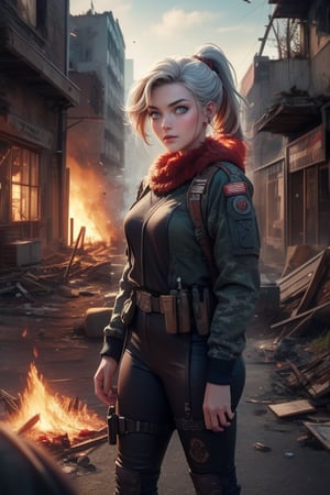 masterpiece,best quality, highly detailed, ruby_rose, looking_at_viewer, cowboy shot, standing, with white haired female military officer, officer with long white ponytail, in cityscape, inside wrecked store, female military on street, post-war ruins in distance, bonfire, post-apocalypse, dystopian future, poakl