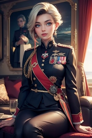 masterpiece,best quality, highly detailed, ruby_rose, looking_at_viewer, ((cowboy shot)), wearing military uniform, sitting, with white haired female military officer, officer with long white ponytail, in private jet above the sea,  other military officers on jet, poakl