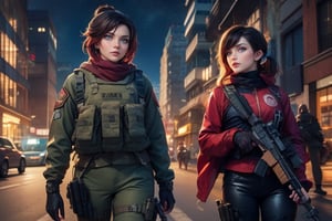 masterpiece,best quality, highly detailed, ruby_rose, looking_at_viewer,  cowboy shot, patrolling next to female military officer with white ponytail, in futuristic city street, night, stars, female military with weapons, poakl