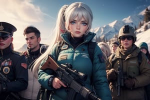 masterpiece,best quality, highly detailed, weiss schnee, scar across eye, long white hair, side ponytail, cowboy shot, she is armed and  wearing a military uniform, standing with black haired female officer on snow covered mountain slope, near ski lodge, other military officers are present, crowd, (volumetric lighting), intricate details, tonemapping, sharp focus, hyper detailed poakl,