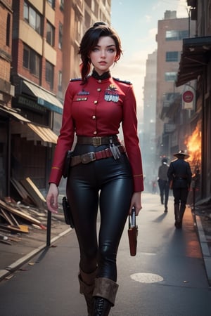 masterpiece,best quality, highly detailed, ruby_rose, looking_at_viewer, ((cowboy shot)), wearing military uniform, walking, with white haired female military officer, officer with long white ponytail, in cityscape,  female military on street, post-war ruins in distance, bonfire, post-apocalypse, dystopian future, poakl