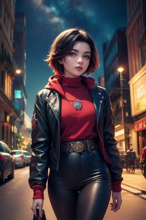 masterpiece,best quality, highly detailed, ruby_rose,1girl,solo,looking_at_viewer, cowboy shot, walking, in futuristic city street, night, stars, poakl