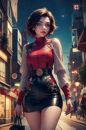 masterpiece,best quality, highly detailed, ruby_rose,1girl,solo,looking_at_viewer, cowboy shot, walking, in futuristic city street, night, stars, poakl