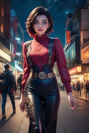 masterpiece,best quality, highly detailed, ruby_rose,1girl,solo,looking_at_viewer, cowboy shot, walking, in futuristic city street, night, stars, poakl