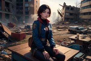 masterpiece,best quality, highly detailed, ruby_rose, looking_at_viewer, ((cowboy shot)), sitting with other female officers, sitting in collapsed school buildings, desks, bonfire, rubble, post-apocalypse, dystopian future,  poakl