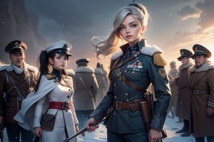 masterpiece,best quality, highly detailed, weiss schnee, scar across eye, long white hair, side ponytail, cowboy shot, she is armed and  wearing a military uniform, next to female officer who has short black hair, standing on snow covered great wall of china, other military officers are present, crowd, (volumetric lighting), intricate details, tonemapping, sharp focus, hyper detailed poakl,