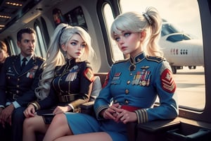 masterpiece,best quality, highly detailed, weiss schnee, scar across eye, long white hair, side ponytail, cowboy shot, she is wearing a military uniform, sitting with military officer in private jet,  other military officers are present (volumetric lighting), intricate details, tonemapping, sharp focus, hyper detailed poakl,