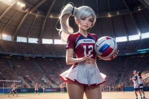 masterpiece,best quality, highly detailed, weiss schnee, looking at viewer, scar across eye, long white hair, side ponytail, smile, cowboy shot, (she is standing on vollyball court, inside sport stadium (standing with team)), crowd, (volumetric lighting), intricate details, tonemapping, sharp focus, hyper detailed poakl,