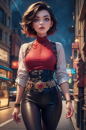 masterpiece,best quality, highly detailed, ruby_rose,1girl,solo,looking_at_viewer, cowboy shot, walking, in futuristic city street, night, stars, poakl