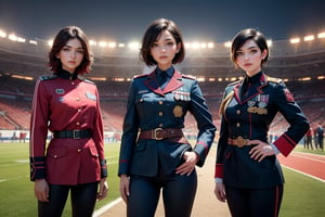 masterpiece,best quality, highly detailed, ruby_rose, very short black hair with red highlights, looking_at_viewer, ((cowboy shot)), wearing military uniform, standing with female officers who are representing different countries, standing in stadium, small crowd, spectators, poakl