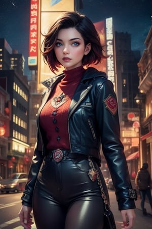 masterpiece,best quality, highly detailed, ruby_rose,1girl,solo,looking_at_viewer, cowboy shot, walking, in futuristic city street, night, stars, poakl