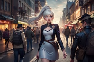  masterpiece,best quality, highly detailed, weiss schnee,1girl,solo,scar across eye,  cowboy shot, wearing military uniform, walking  in cityscape, crowd, (volumetric lighting), intricate details, tonemapping, sharp focus, hyper detailed poakl, 