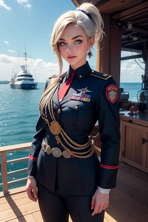 masterpiece,best quality, highly detailed, ruby_rose, looking_at_viewer, ((cowboy shot)), wearing military uniform, standing on pier, next to futuristic yacht, with white haired female military officer, officer with long white ponytail, other military officers, poakl