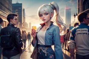 masterpiece,best quality, highly detailed, weiss schnee, scar across eye, long white hair, side ponytail, cowboy shot, looking at viewer, she is wearing casual clothes, talking with friends, cityscape, crowd, (volumetric lighting), intricate details, tonemapping, sharp focus, hyper detailed poakl,