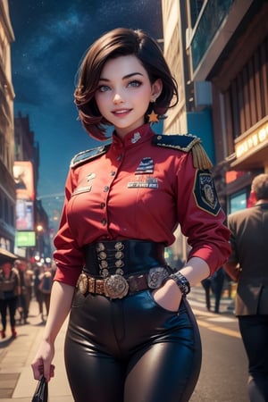 masterpiece,best quality, highly detailed, ruby_rose,1girl,solo,looking_at_viewer, smile, cowboy shot, walking, in futuristic city street, night, stars, military officers on patrol, poakl