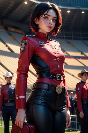 masterpiece,best quality, highly detailed, ruby_rose, very short black hair with red highlights, looking_at_viewer, ((cowboy shot)), wearing military uniform, standing with fellow female officers, standing in stadium, small crowd, spectators, poakl