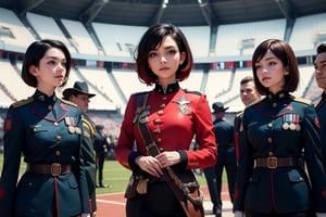 masterpiece,best quality, highly detailed, ruby_rose, very short black hair with red highlights, looking_at_viewer, ((cowboy shot)), wearing military uniform, standing with female officers who are representing different countries, standing in stadium, small crowd, spectators, poakl