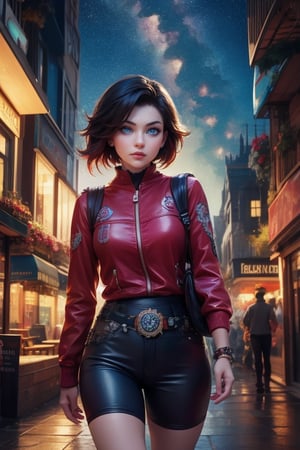 masterpiece,best quality, highly detailed, ruby_rose,1girl,solo,looking_at_viewer, cowboy shot, walking, in futuristic city street, night, stars, poakl