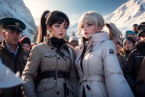 masterpiece,best quality, highly detailed, weiss schnee, scar across eye, long white hair, side ponytail, cowboy shot, she is wearing a white coat over military uniform, standing with black haired female officer on snow covered mountain slope, near ski lodge, other military officers are present, crowd, (volumetric lighting), intricate details, tonemapping, sharp focus, hyper detailed poakl,