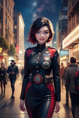 masterpiece,best quality, highly detailed, ruby_rose,1girl,solo,looking_at_viewer, smile, cowboy shot, walking, in futuristic city street, night, stars, military officers on patrol, poakl