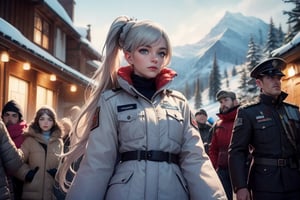 masterpiece,best quality, highly detailed, weiss schnee, scar across eye, long white hair, side ponytail, cowboy shot, she is wearing a white coat over military uniform, standing with black haired female officer on snow covered mountain slope, near ski lodge, other military officers are present, crowd, (volumetric lighting), intricate details, tonemapping, sharp focus, hyper detailed poakl,