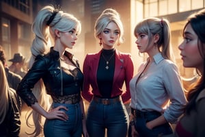 masterpiece,best quality, highly detailed, weiss schnee, scar across eye, long white hair, side ponytail, cowboy shot,  she is standing with 2 women, wearing casual clothes, talking, cityscape, crowd, (volumetric lighting), intricate details, tonemapping, sharp focus, hyper detailed poakl,