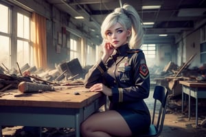 masterpiece,best quality, highly detailed, weiss schnee, scar across eye, long white hair, side ponytail, cowboy shot, ((she is wearing a military uniform, sitting next to female officer)), sitting on chairs in collapsed school building, classroom, desks, bonfire, rubble, other officers present, crowd, post-apocalypse, dystopian future, (volumetric lighting), intricate details, tonemapping, sharp focus, hyper detailed poakl,