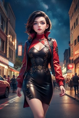 masterpiece,best quality, highly detailed, ruby_rose,1girl,solo,looking_at_viewer, cowboy shot, walking, in futuristic city street, night, stars, poakl