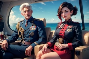 masterpiece,best quality, highly detailed, ruby_rose, looking_at_viewer, ((cowboy shot)), wearing military uniform, sitting, with white haired female military officer, officer with long white ponytail, in private jet above the sea,  other military officers on jet, poakl