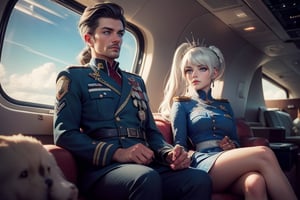 masterpiece,best quality, highly detailed, weiss schnee, scar across eye, long white hair, side ponytail, cowboy shot, she is wearing a military uniform, sitting with military officer in private jet,  other military officers are present (volumetric lighting), intricate details, tonemapping, sharp focus, hyper detailed poakl,