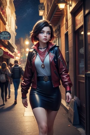 masterpiece,best quality, highly detailed, ruby_rose,1girl,solo,looking_at_viewer, cowboy shot, walking, in futuristic city street, night, stars, poakl