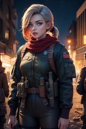 masterpiece,best quality, highly detailed, ruby_rose, looking_at_viewer, cowboy shot, standing, with white haired female military officer, officer with long white ponytail, in cityscape, night, stars, female military on street, post-war ruins in distance, bonfire, post-apocalypse, dystopian future, poakl