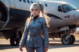 masterpiece,best quality, highly detailed, weiss schnee, scar across eye, long white hair, side ponytail, cowboy shot, she is wearing a military uniform, standing with female military officer in front of private jet,  other military officers are present (volumetric lighting), intricate details, tonemapping, sharp focus, hyper detailed poakl,