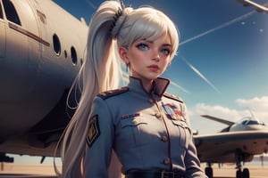 masterpiece,best quality, highly detailed, weiss schnee, scar across eye, long white hair, side ponytail, cowboy shot, she is wearing a military uniform, standing with female military officer in front of private jet,  other military officers are present (volumetric lighting), intricate details, tonemapping, sharp focus, hyper detailed poakl,