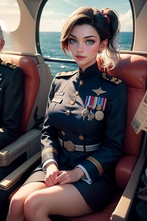 masterpiece,best quality, highly detailed, ruby_rose, looking_at_viewer, ((cowboy shot)), wearing military uniform, sitting, with white haired female military officer, officer with long white ponytail, in private jet above the sea,  other military officers on jet, poakl