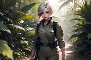  masterpiece,best quality, highly detailed, weiss schnee,1girl,solo,scar across eye,  cowboy shot, wearing khaki military uniform, walking with fellow officer in tropical rainforest, lush vegitation, other military officers with weapons (volumetric lighting), intricate details, tonemapping, sharp focus, hyper detailed poakl, 