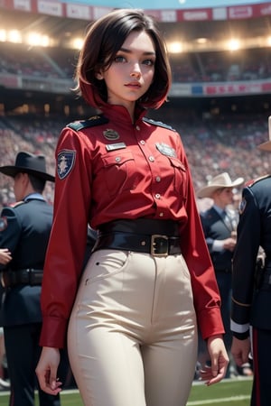 masterpiece,best quality, highly detailed, ruby_rose, very short black hair with red highlights, looking_at_viewer, ((cowboy shot)), wearing military uniform, standing with fellow female officers, standing in stadium, small crowd, spectators, poakl