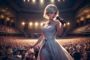  masterpiece,best quality, highly detailed, weiss schnee,1girl,solo,scar across eye,  cowboy shot, performing in huge concert hall, on stage, in beautiful evening dress, microphone, full audience,  (volumetric lighting), intricate details, tonemapping, sharp focus, hyper detailed poakl, 