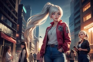 masterpiece,best quality, highly detailed, weiss schnee, scar across eye, long white hair, side ponytail, cowboy shot,  she is standing with 2 women, wearing casual clothes, talking, cityscape, crowd, (volumetric lighting), intricate details, tonemapping, sharp focus, hyper detailed poakl,