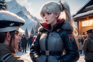 masterpiece,best quality, highly detailed, weiss schnee, scar across eye, long white hair, side ponytail, cowboy shot, she is wearing a white coat over military uniform, standing with black haired female officer on snow covered mountain slope, near ski lodge, other military officers are present, crowd, (volumetric lighting), intricate details, tonemapping, sharp focus, hyper detailed poakl,