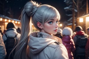 masterpiece,best quality, highly detailed, weiss schnee, scar across eye, long white hair, side ponytail, viewer looking from behind, cowboy shot, she is wearing a white coat over military uniform, patrolling with black haired female military officer on snow covered mountain slope, near ski lodge, other military officers are present, crowd, (volumetric lighting), intricate details, tonemapping, sharp focus, hyper detailed poakl,