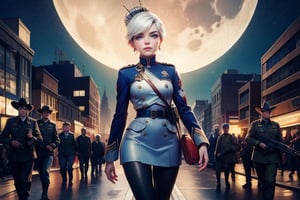  masterpiece,best quality, highly detailed, weiss schnee,1girl,solo,scar across eye,  cowboy shot, wearing military uniform, walking with fellow officer in cityscape, night, stars, moon, other military officers with weapons (volumetric lighting), intricate details, tonemapping, sharp focus, hyper detailed poakl, 