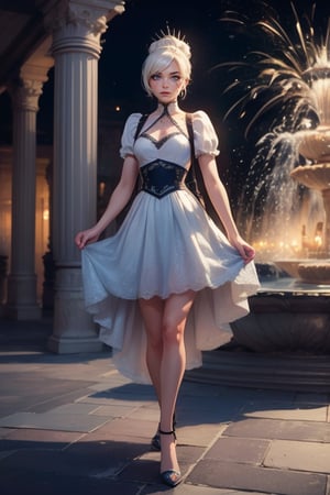  masterpiece,best quality, highly detailed, weiss schnee,1girl,solo,scar across eye, walking with male guest in immense courtyard, near  fountain, crowd, (volumetric lighting), intricate details, tonemapping, sharp focus, hyper detailed poakl, 