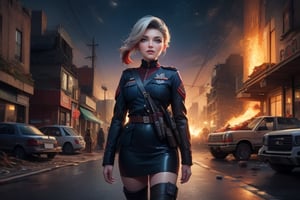 masterpiece,best quality, highly detailed, ruby_rose, looking_at_viewer,  cowboy shot, standing, with white haired female military officer, officer with long white ponytail, in futuristic city street, night, stars, female military on street, post-war ruins in distance, bonfire, post-apocalypse, dystopian future, poakl