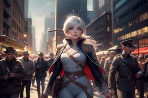  masterpiece,best quality, highly detailed, weiss schnee,1girl,solo,scar across eye,  cowboy shot, wearing military uniform, walking with fellow officer in cityscape, crowd, (volumetric lighting), intricate details, tonemapping, sharp focus, hyper detailed poakl, 