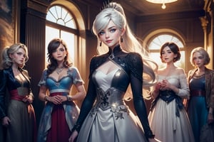 masterpiece,best quality, highly detailed, weiss schnee, looking at viewer, scar across eye, long white hair, side ponytail, smile, cowboy shot, (she is standing inside townhall, (standing with 4 women)), crowd, (volumetric lighting), intricate details, tonemapping, sharp focus, hyper detailed poakl,